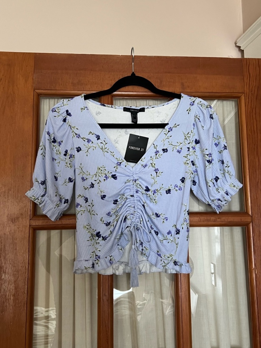 Light Blue Floral Ruched V-Neck Top